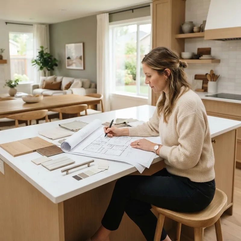 Individual reviewing home design plans at a kitchen island