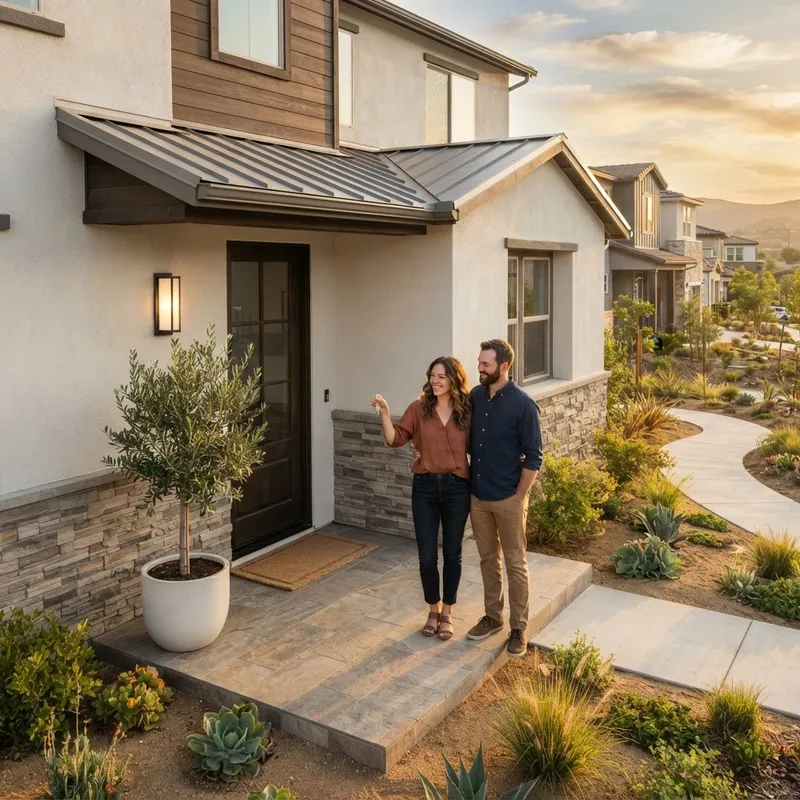 A couple holding keys to a new suburban home