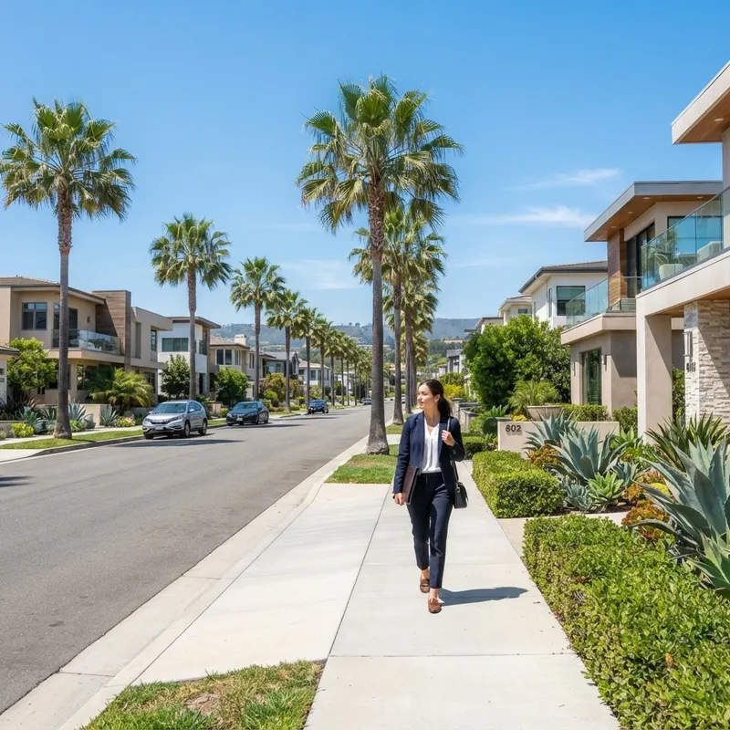 A person walking through a modern planned residential community