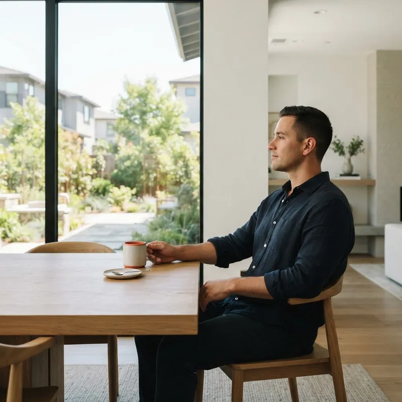 A man relaxing at a dining table in a new home