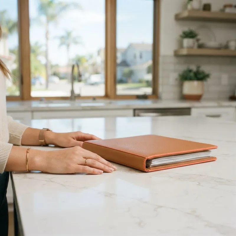 Hands resting on a kitchen island with a document folder