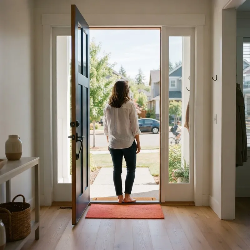 Person standing in the doorway of a new home