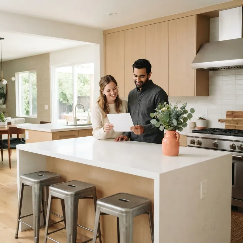 A couple reviewing paperwork in a modern kitchen