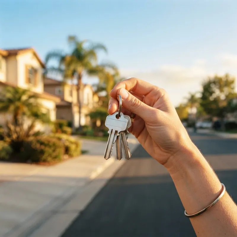 Hand holding house keys in front of a new home