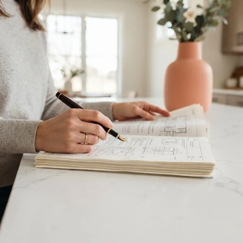 Close up of hands reviewing building contract documents on a kitchen island