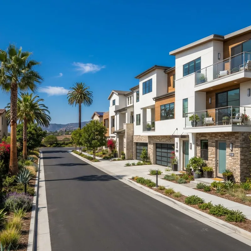 Exterior view of a modern newly constructed townhome community