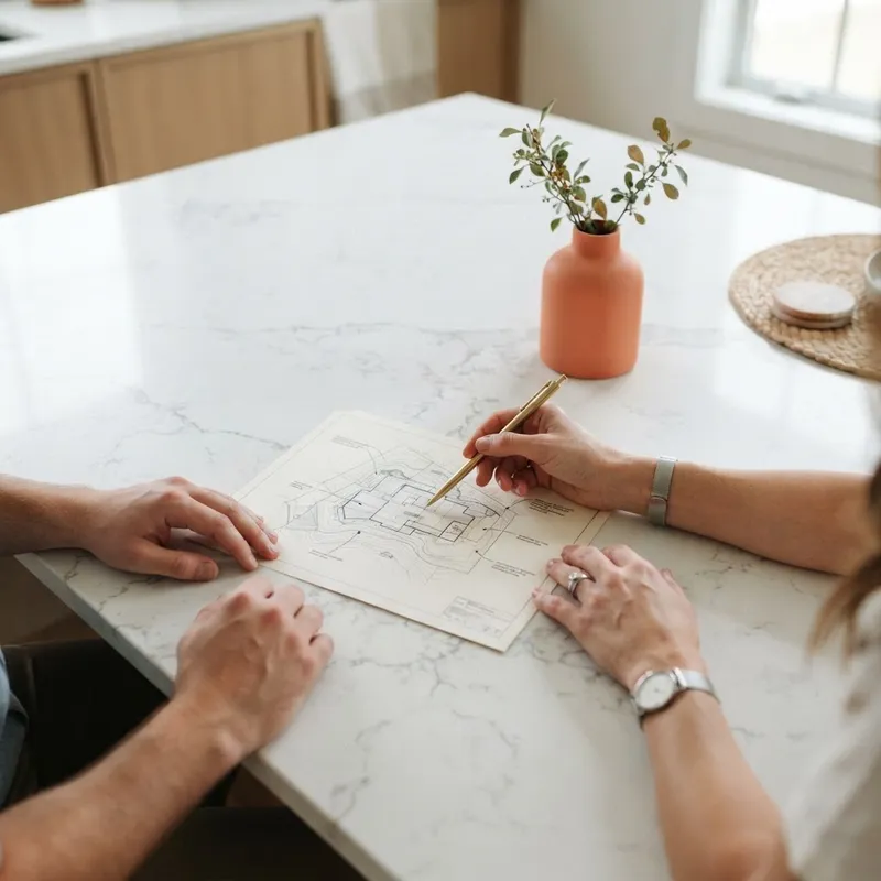 Close up of hands reviewing a building site map
