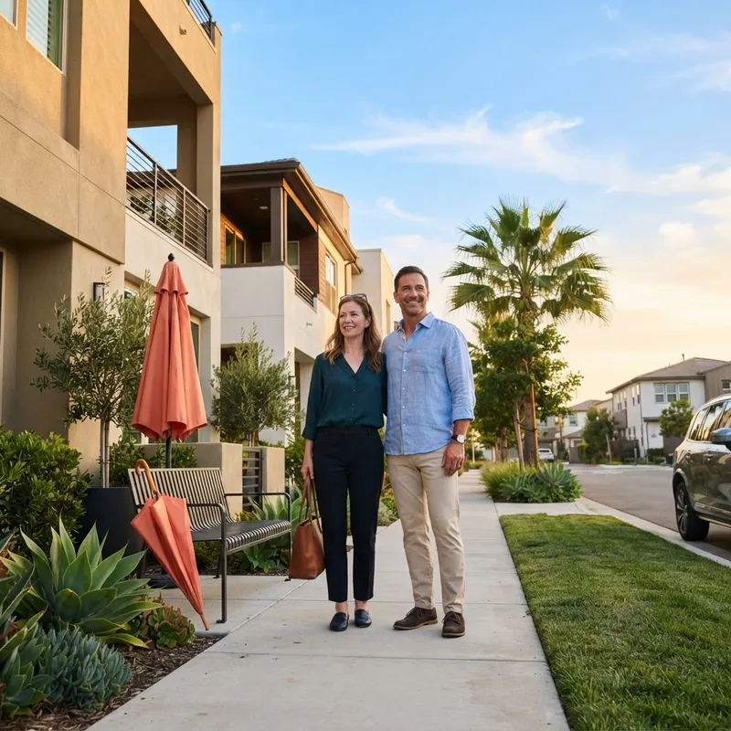 Couple standing in a modern suburban street