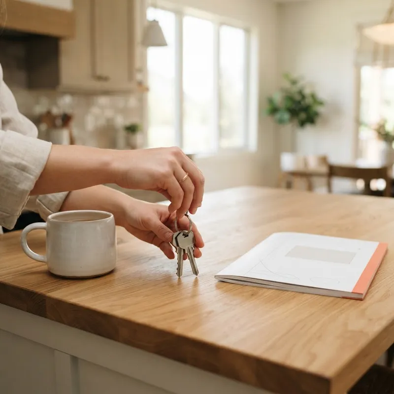New house keys and architectural brochure on a clean kitchen island