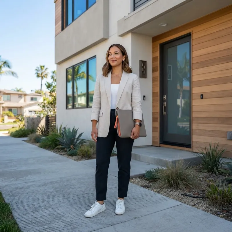 Professional individual standing in front of a modern new construction home