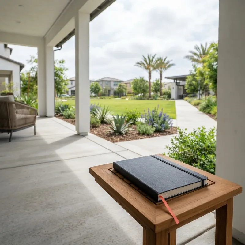 View from a modern patio overlooking a manicured suburban green space