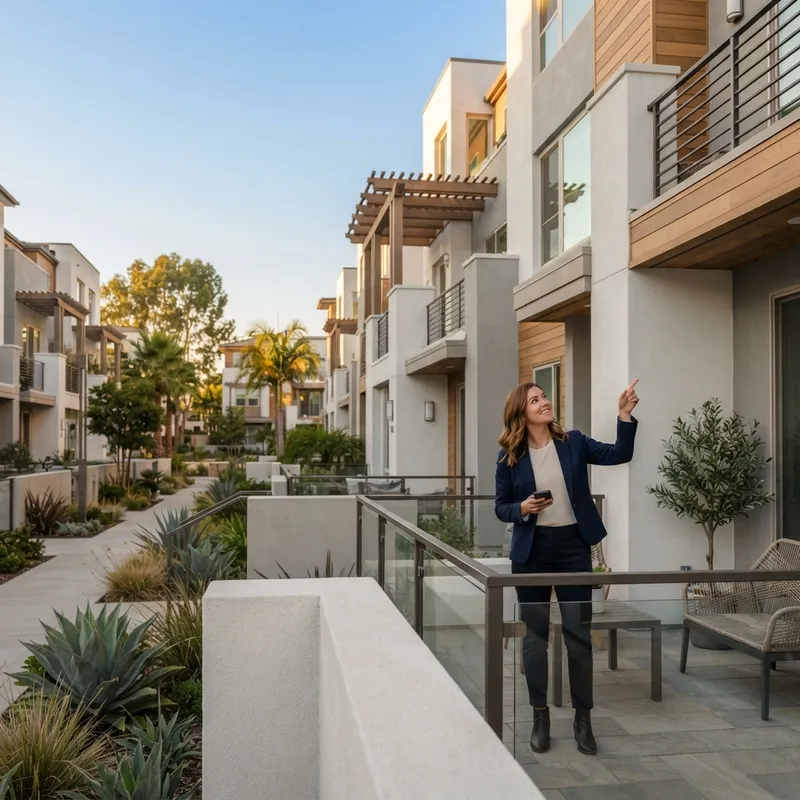 A buyer observing the exterior of a new construction home