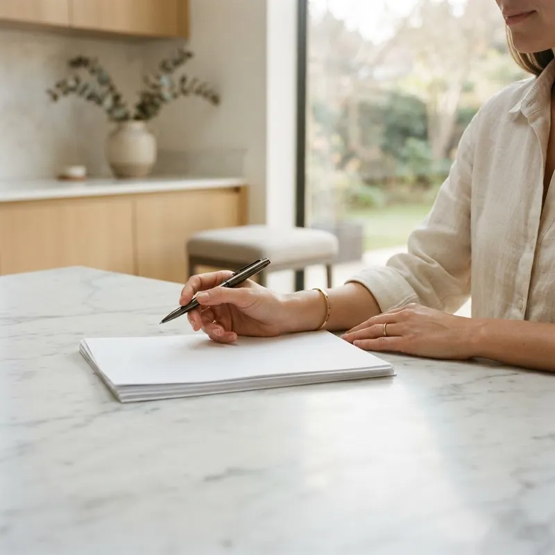 Hands resting on a kitchen island with real estate documents