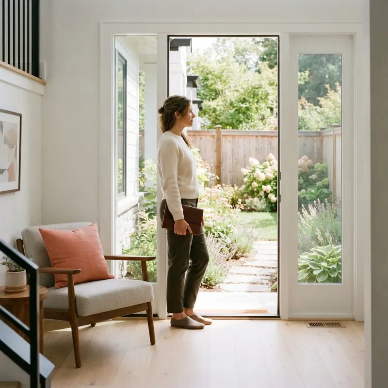 A person standing in the doorway of a modern home