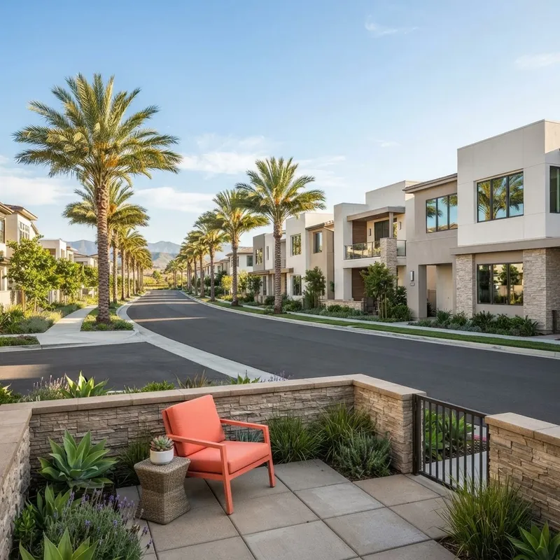 Modern suburban street with palm trees and townhomes