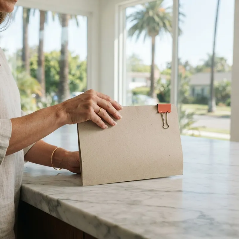 Hands holding a document folder on a kitchen island