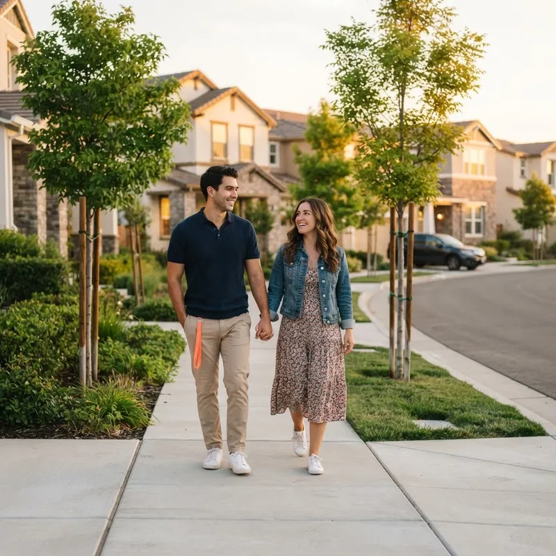 Young couple walking through a new construction neighborhood