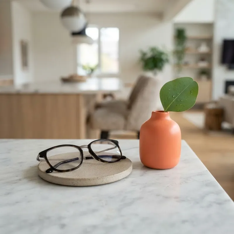Details of a modern kitchen island with coral decor