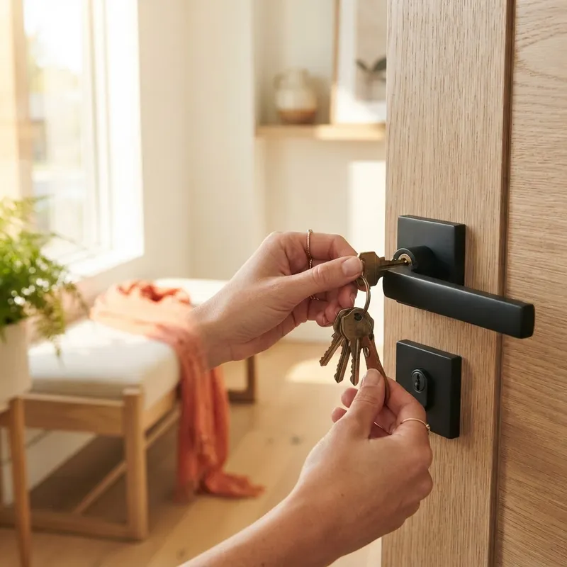 Hands holding keys near the entrance of a new home