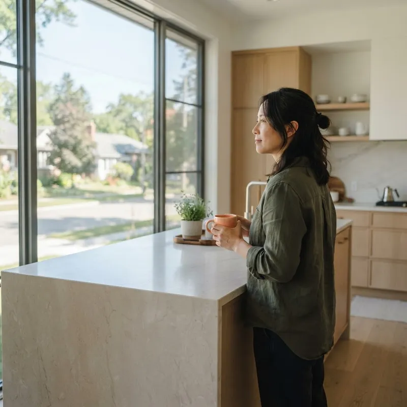 Individual standing in a modern kitchen looking out a window