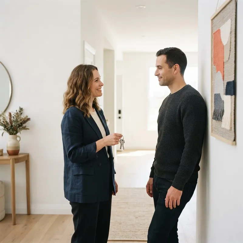 Couple talking in a bright modern home entryway