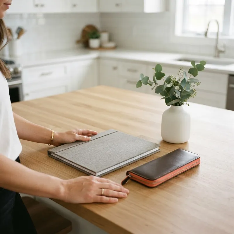 Hands holding a document folder on a modern kitchen island