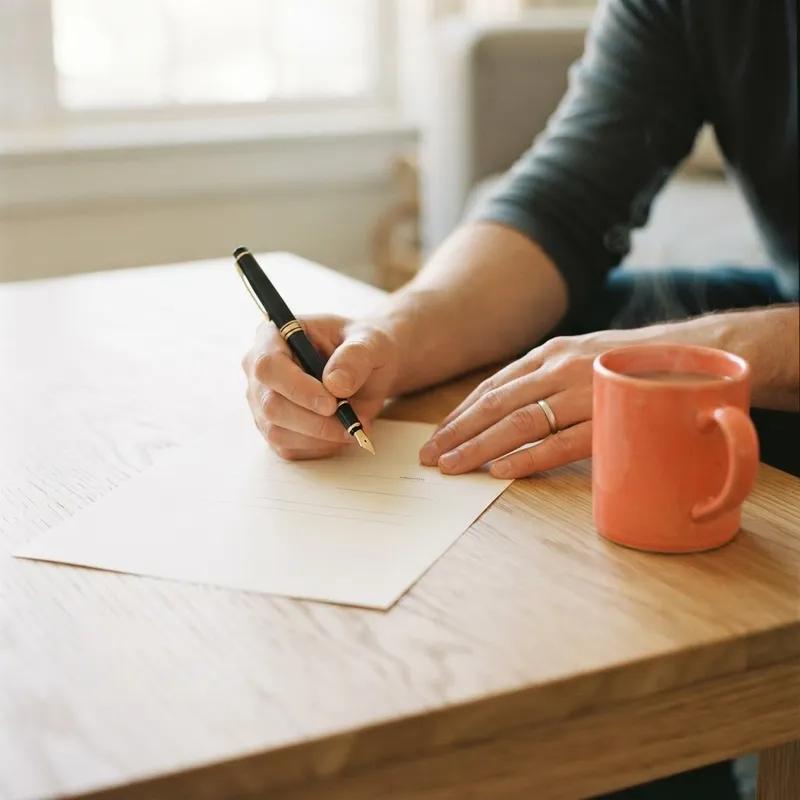 Close up of hands with a document and pen on a table