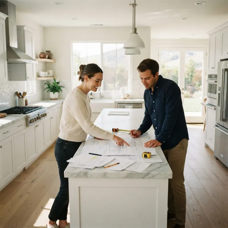 A couple reviewing home blueprints at a kitchen island