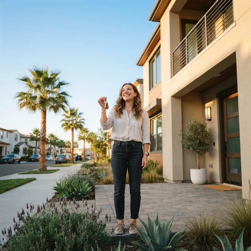 Person holding keys in front of a new suburban home