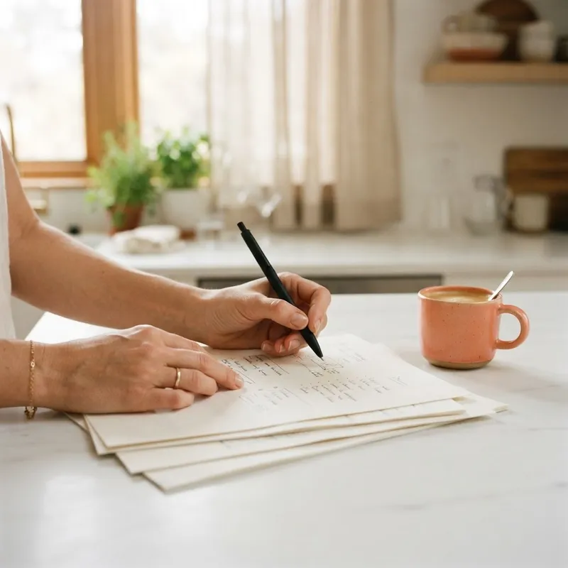 Hands resting on documents on a kitchen counter
