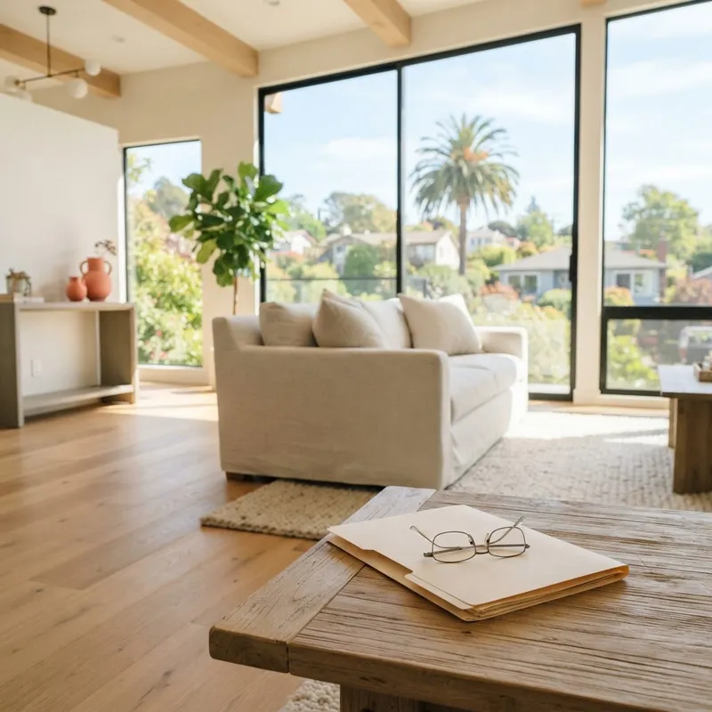 Sunlit living room interior with a file folder