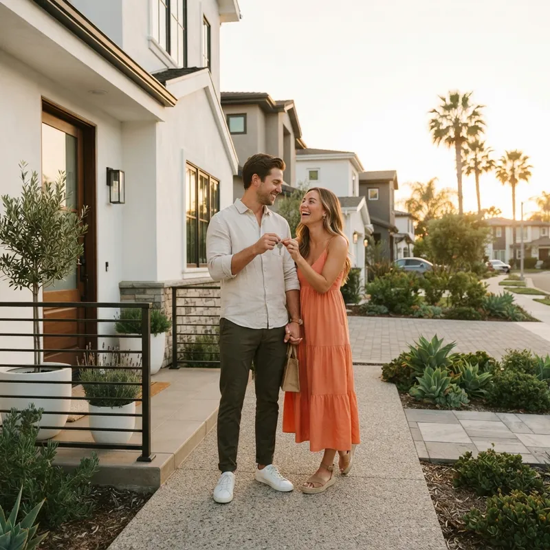 A happy couple holding keys to their new home