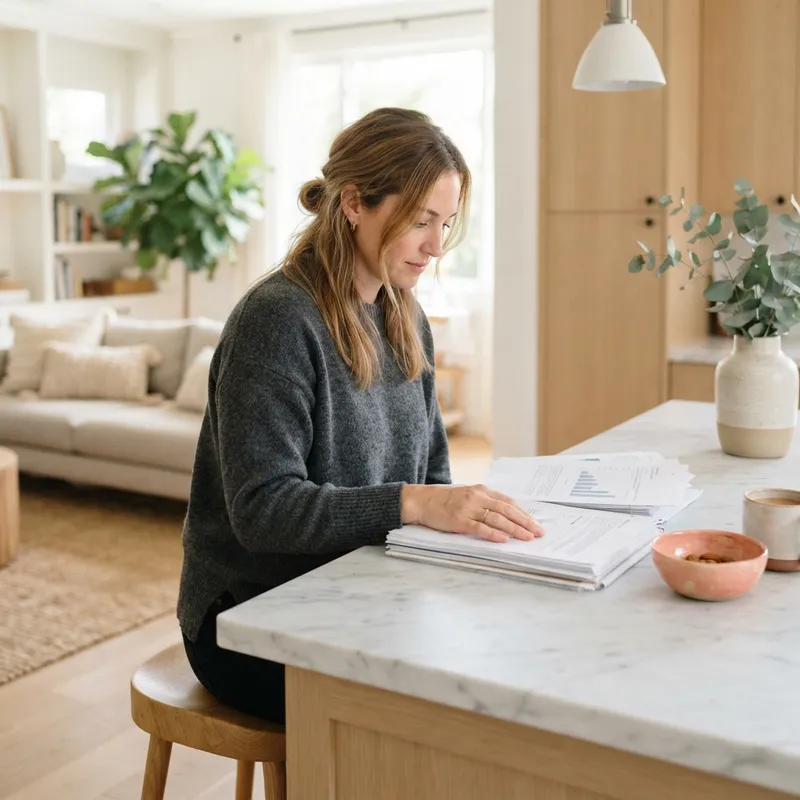 A homebuyer reviewing documents at a kitchen island