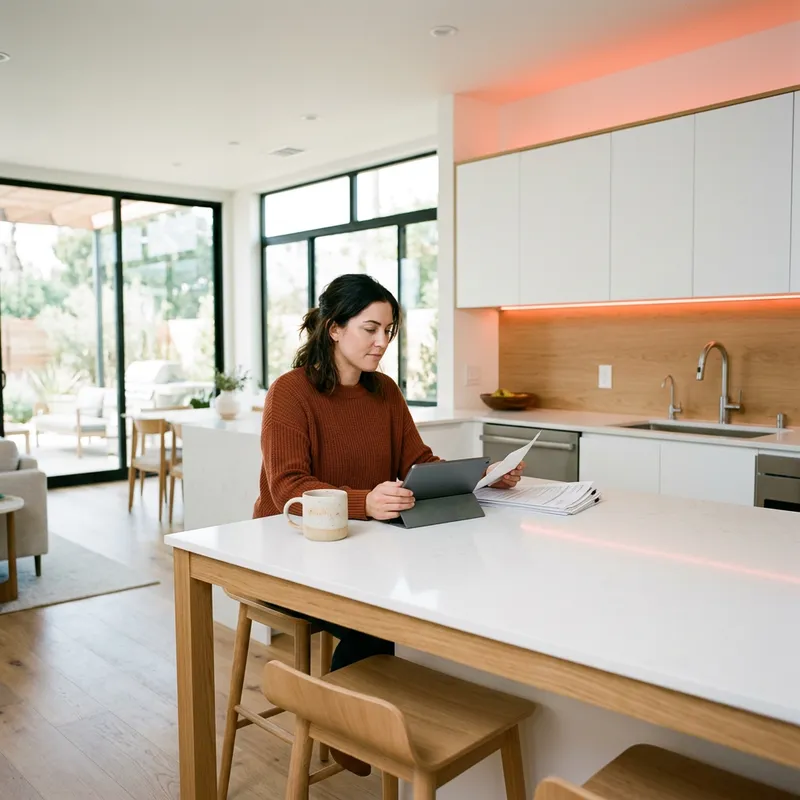 Buyer reviewing property tax documents at new home kitchen