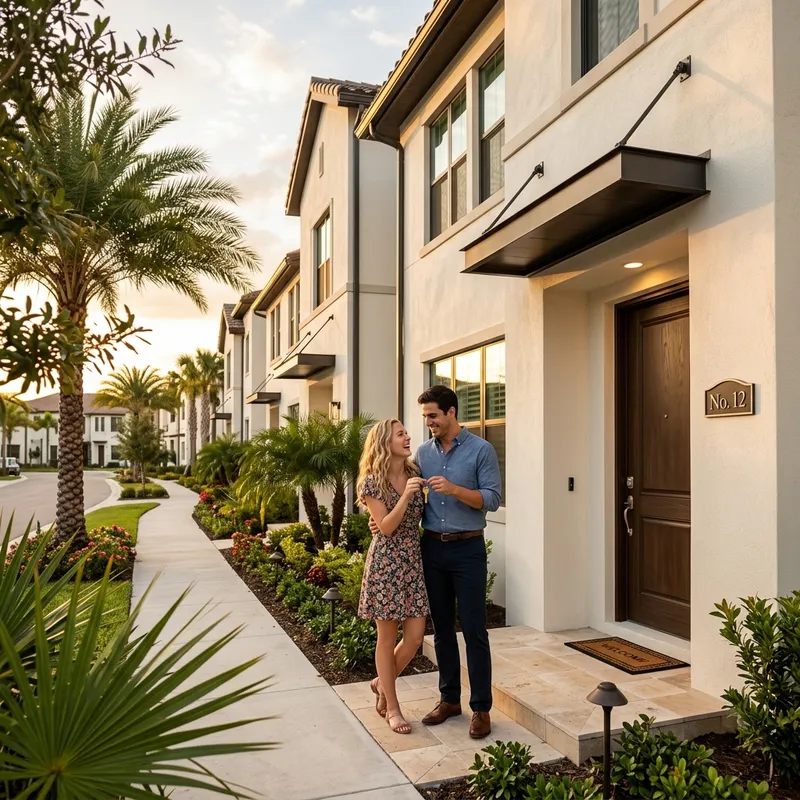 New homeowners holding key at front entrance of built home
