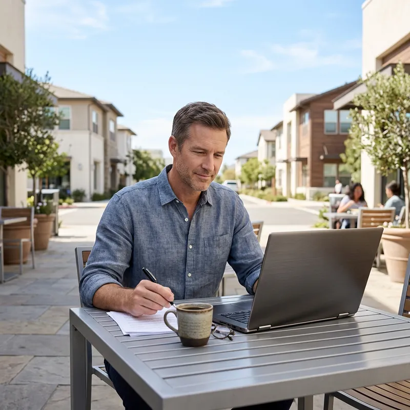 Man calmly reviewing property documents at outdoor café table