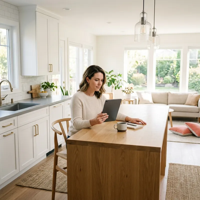 Woman reviewing property data on tablet at new kitchen island