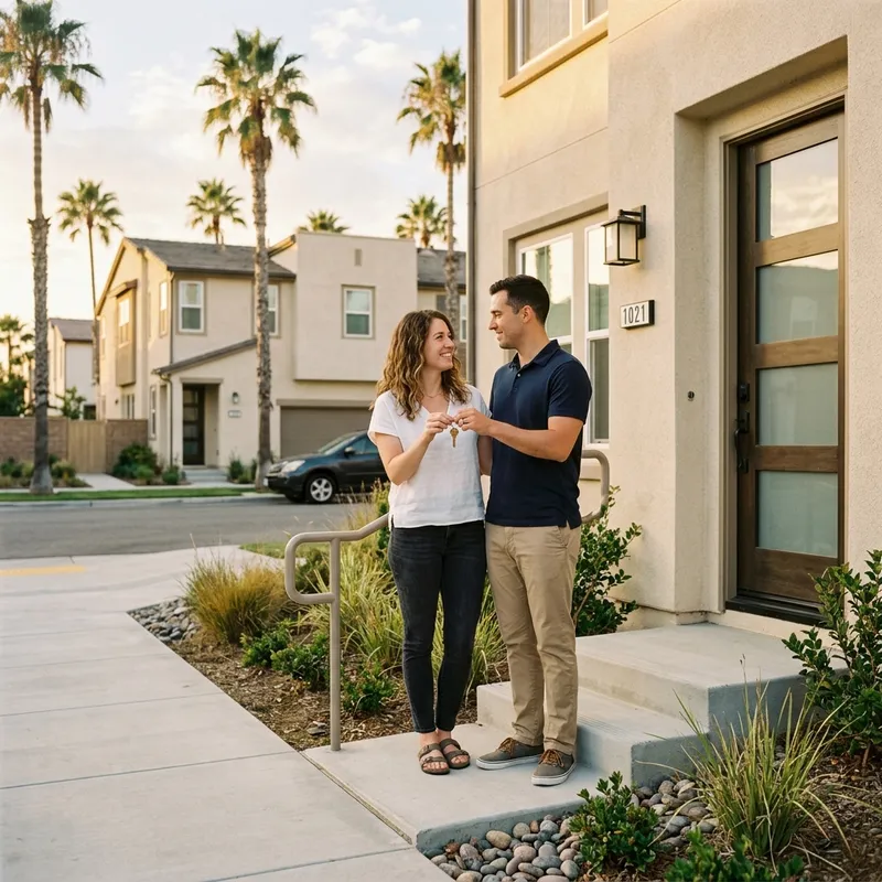 Young couple holding key at front door of new construction home