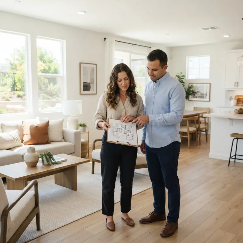 A couple reviewing new home plans in a bright living room