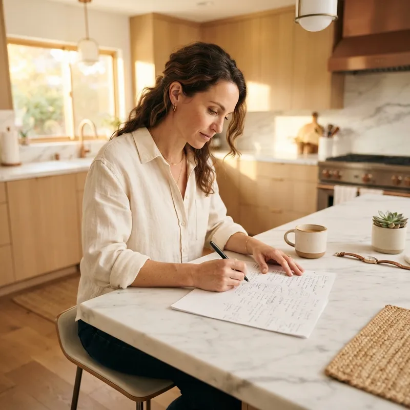 A homeowner reviewing documents in a modern sunlit kitchen
