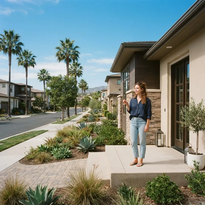 A new homeowner standing on the doorstep of a new suburban house