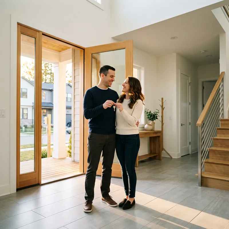 Couple holding key in newly built home entryway at golden hour