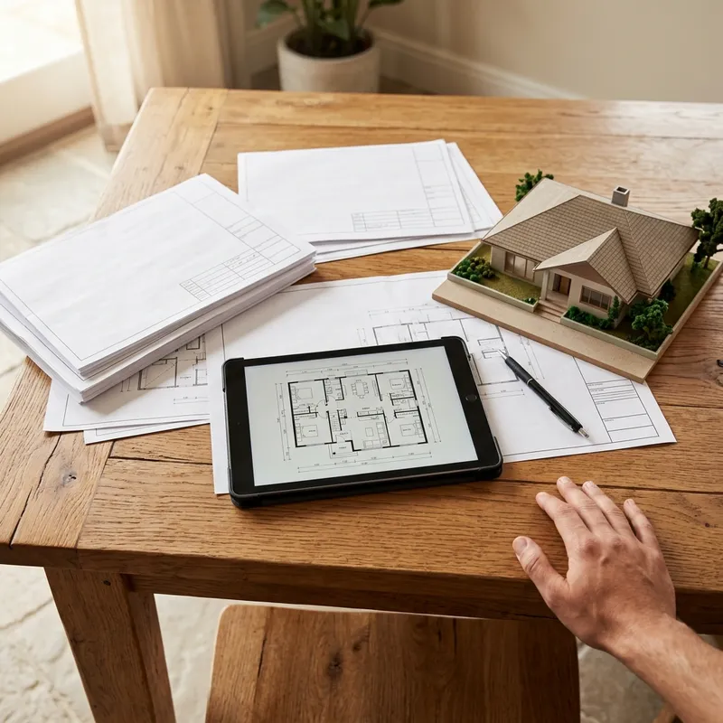 Overhead view of new construction planning documents and model home
