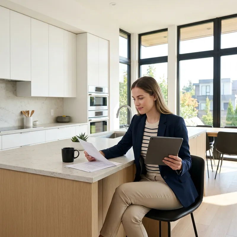 Woman reviewing contract documents on tablet in new home kitchen