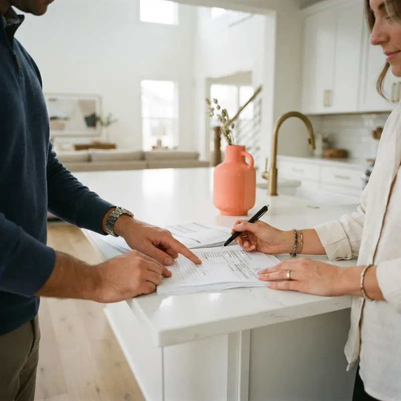 Couple reviewing home purchase documents in a model kitchen