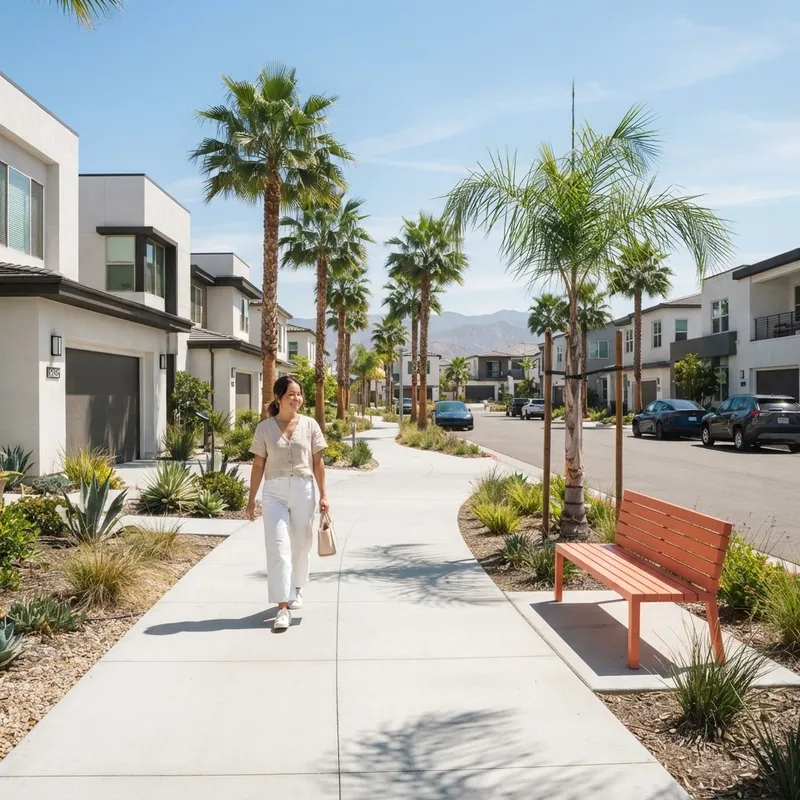 Woman walking through a modern planned community in Southern California