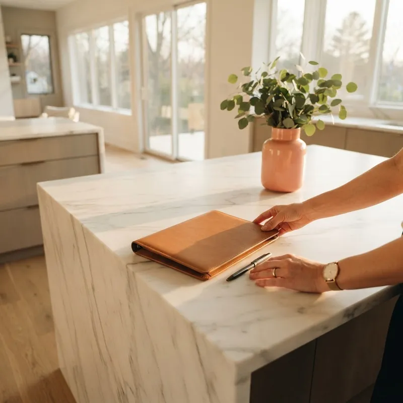 Clean kitchen island with organized documents and natural light
