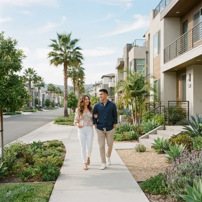 Couple walking confidently in a new residential neighborhood