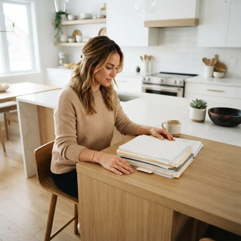 Person reviewing real estate documents in a modern kitchen