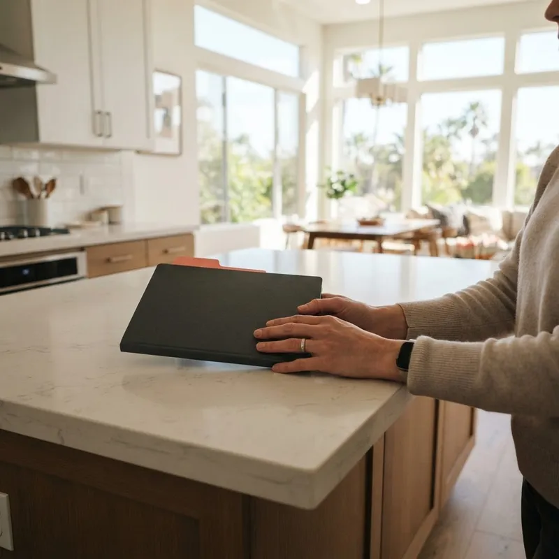 Hands resting on a kitchen island with a folder